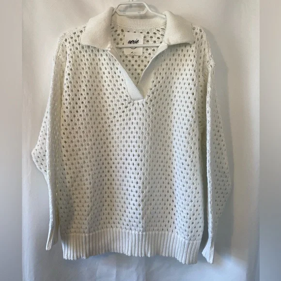 Aerie Women's Boho Coastal Creamy White 100% Cotton Open Knit Polo Sweater MD - Picture 2 of 16